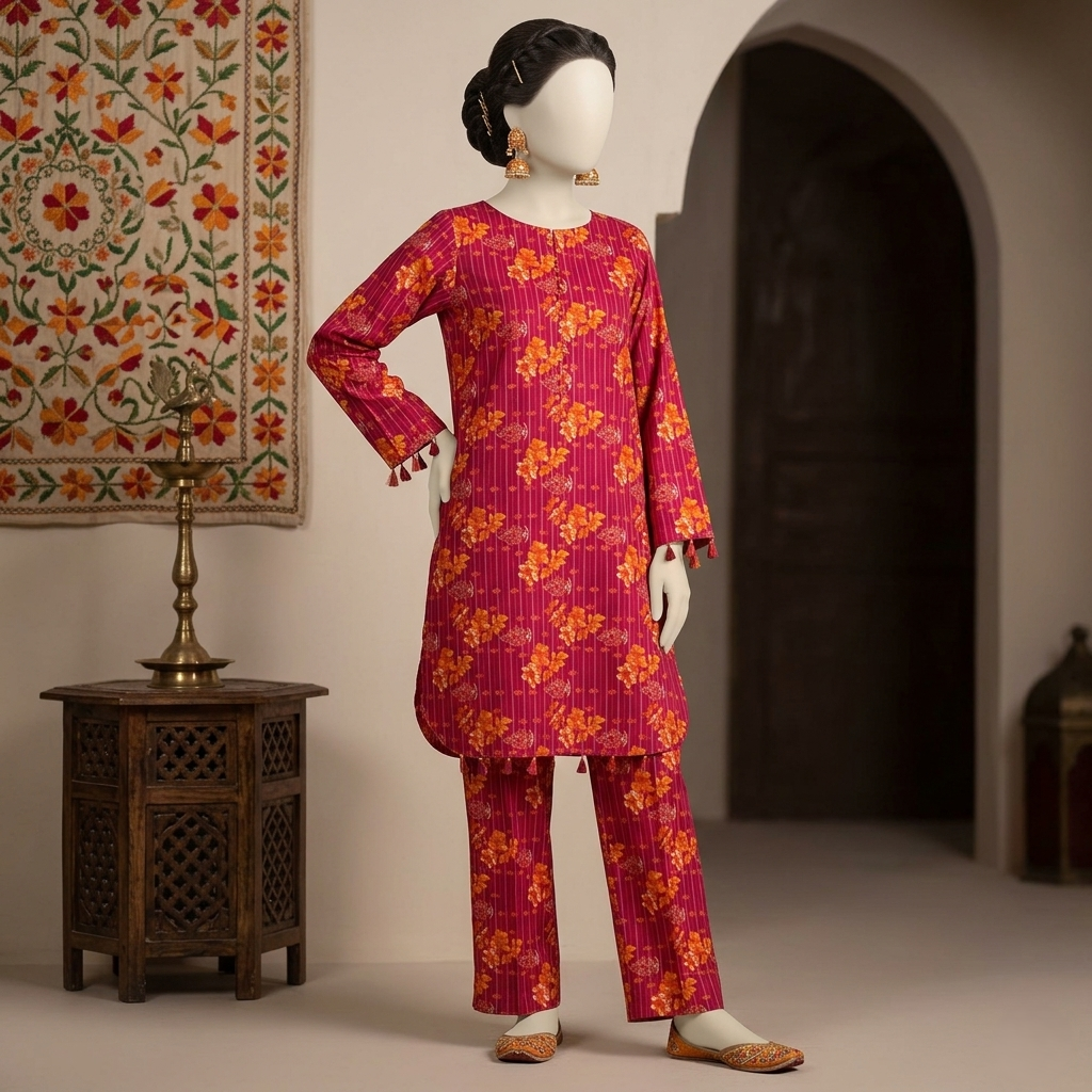 Close-up display of the intricate floral print and fabric quality of the zh2 store 3-piece unstitched suit ensemble.
