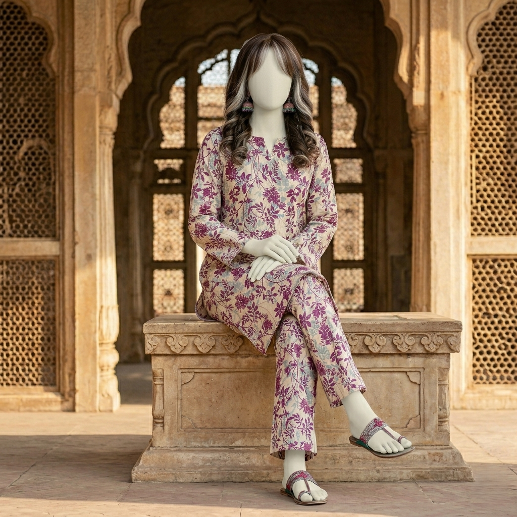 "Woman wearing a premium cotton-silk floral print unstitched 2-piece suit from ZH2 Store."