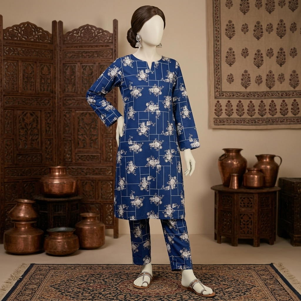 "Front view of zh2 store blue 2-piece unstitched cotton silk suit"