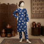 "Front view of zh2 store blue 2-piece unstitched cotton silk suit"
