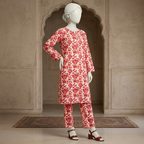 "Full front view of red 2-piece unstitched suit fabric"