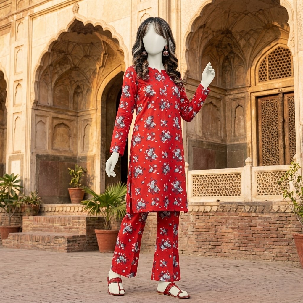 "Woman wearing a premium cotton-silk floral unstitched 2-piece suit from ZH2 Store."