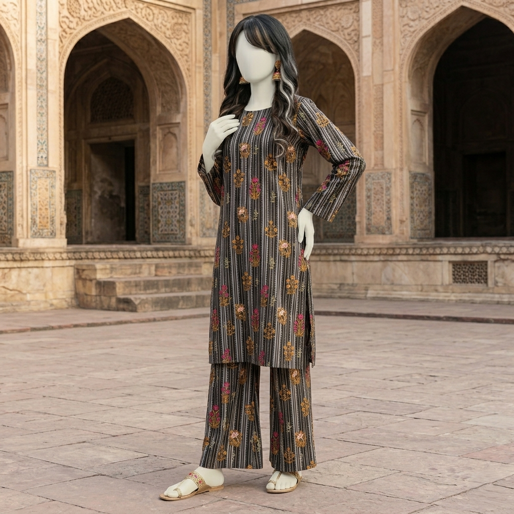 "Woman wearing premium cotton-silk unstitched 2-piece suit in from ZH2 Store"