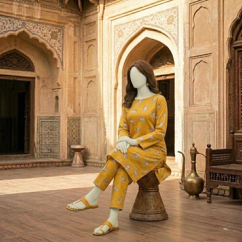 "Yellow 2-piece unstitched cotton silk suit with floral print"
