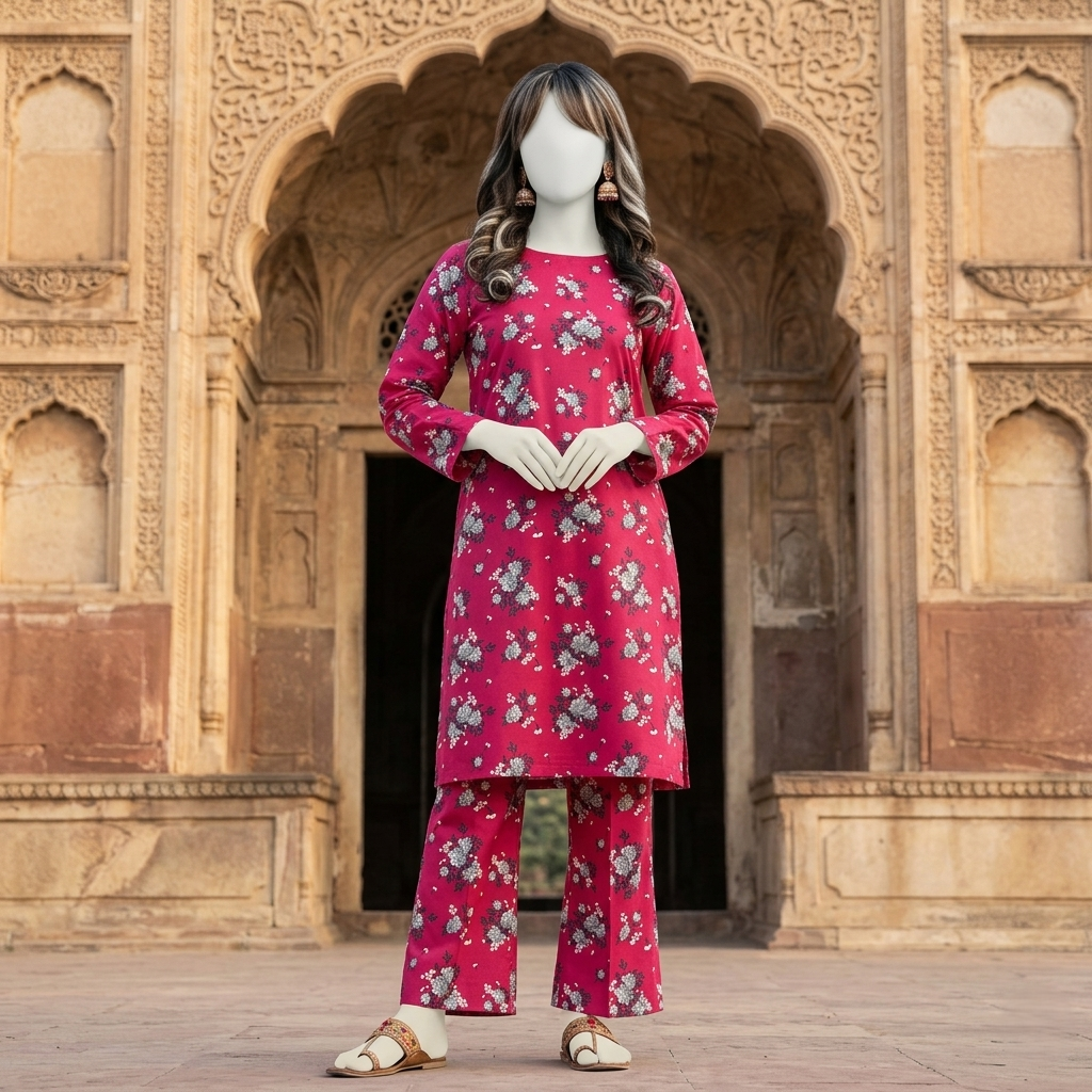 "Woman wearing a premium cotton-silk floral unstitched 2-piece suit from ZH2 Store."