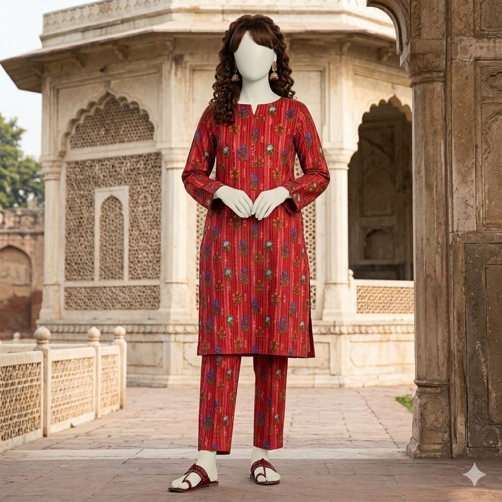 "Woman wearing premium cotton-silk unstitched 2-piece suit in from ZH2 Store"