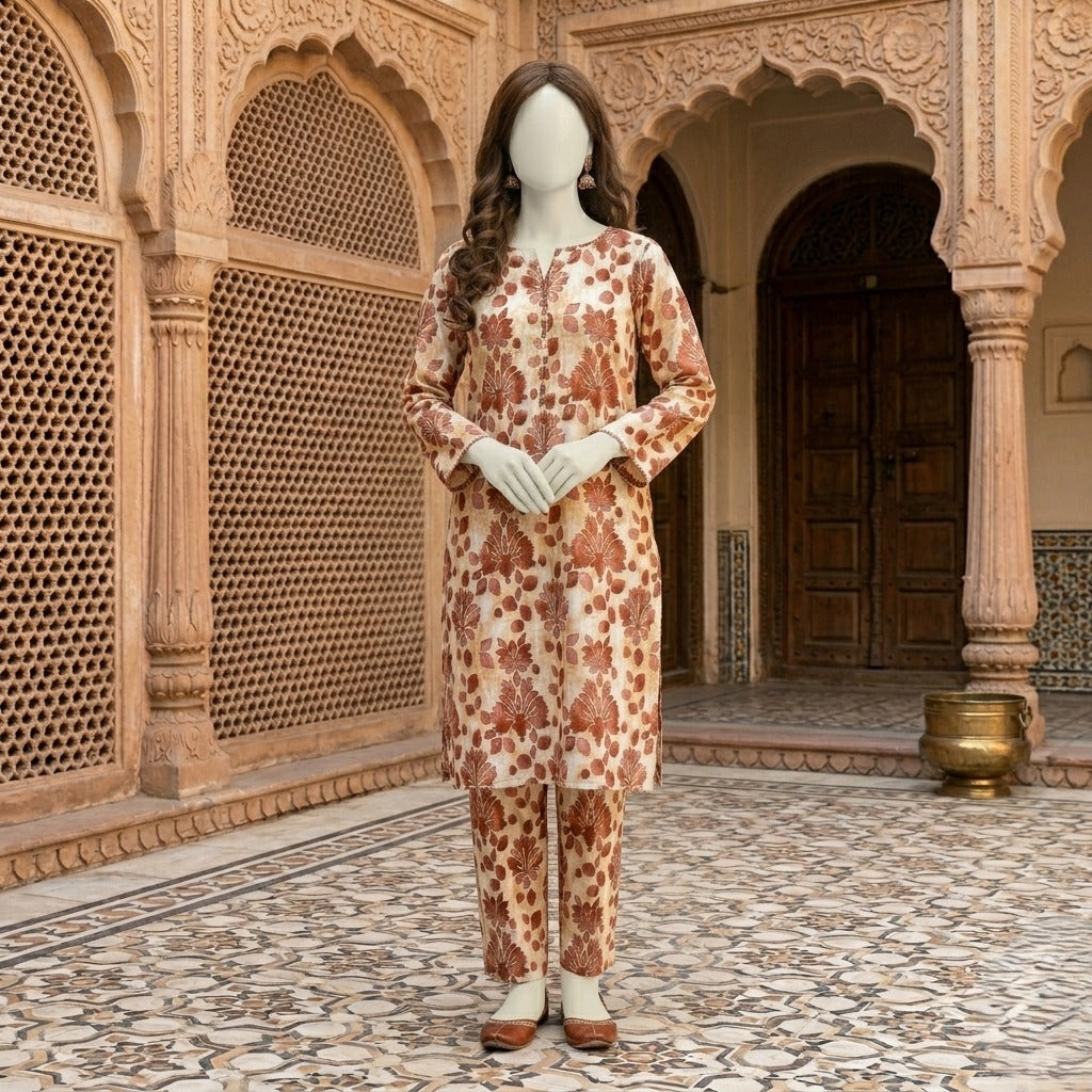 "Brown and cream floral printed unstitched 2-piece suit by zh2 store"