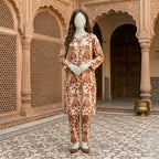 "Brown and cream floral printed unstitched 2-piece suit by zh2 store"