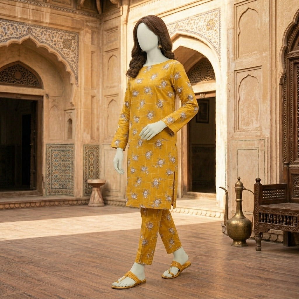 "Side profile of yellow unstitched 2-piece printed suit"
