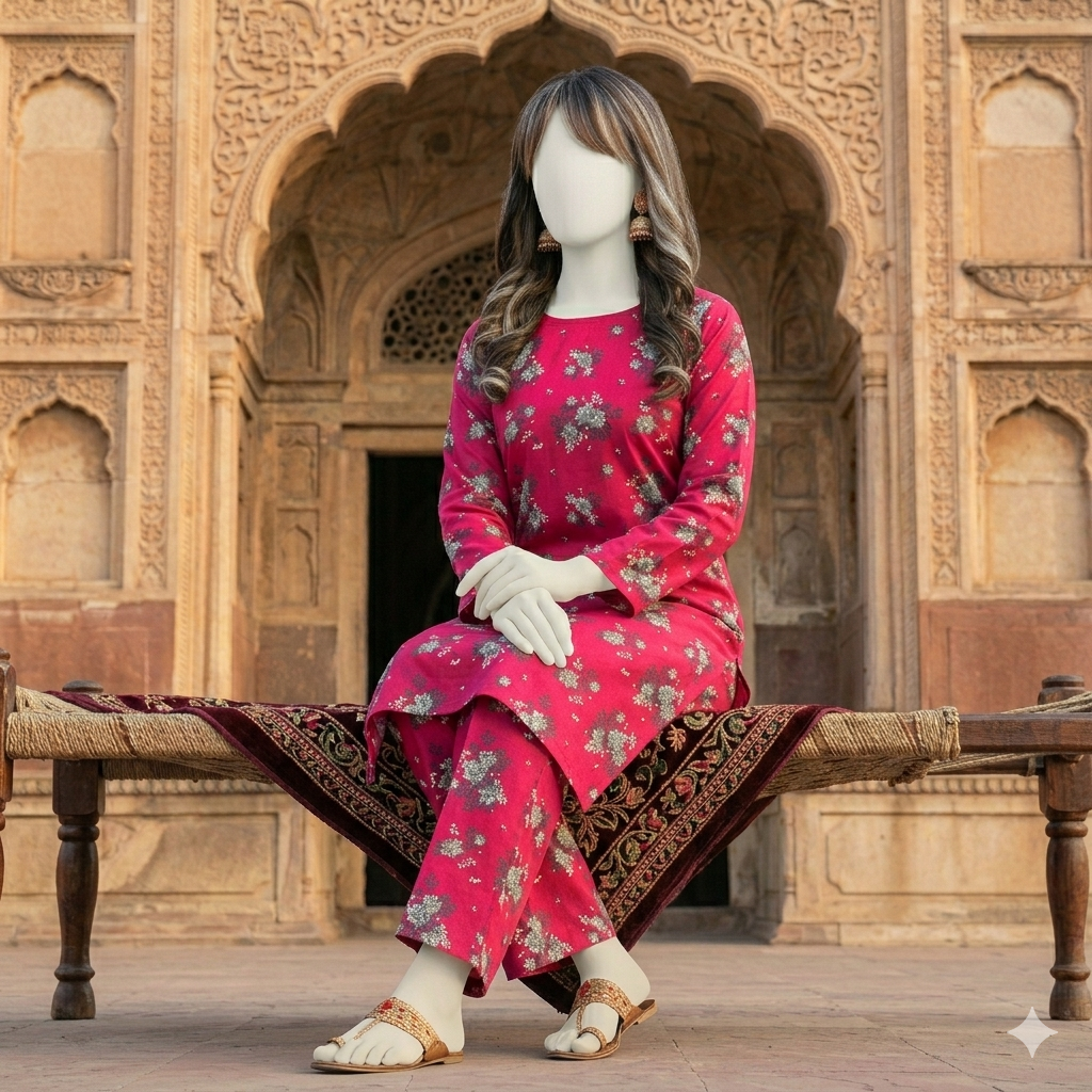 "Woman wearing a premium cotton-silk floral unstitched 2-piece suit from ZH2 Store."