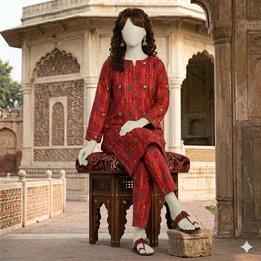 "Woman wearing premium cotton-silk unstitched 2-piece suit in from ZH2 Store"