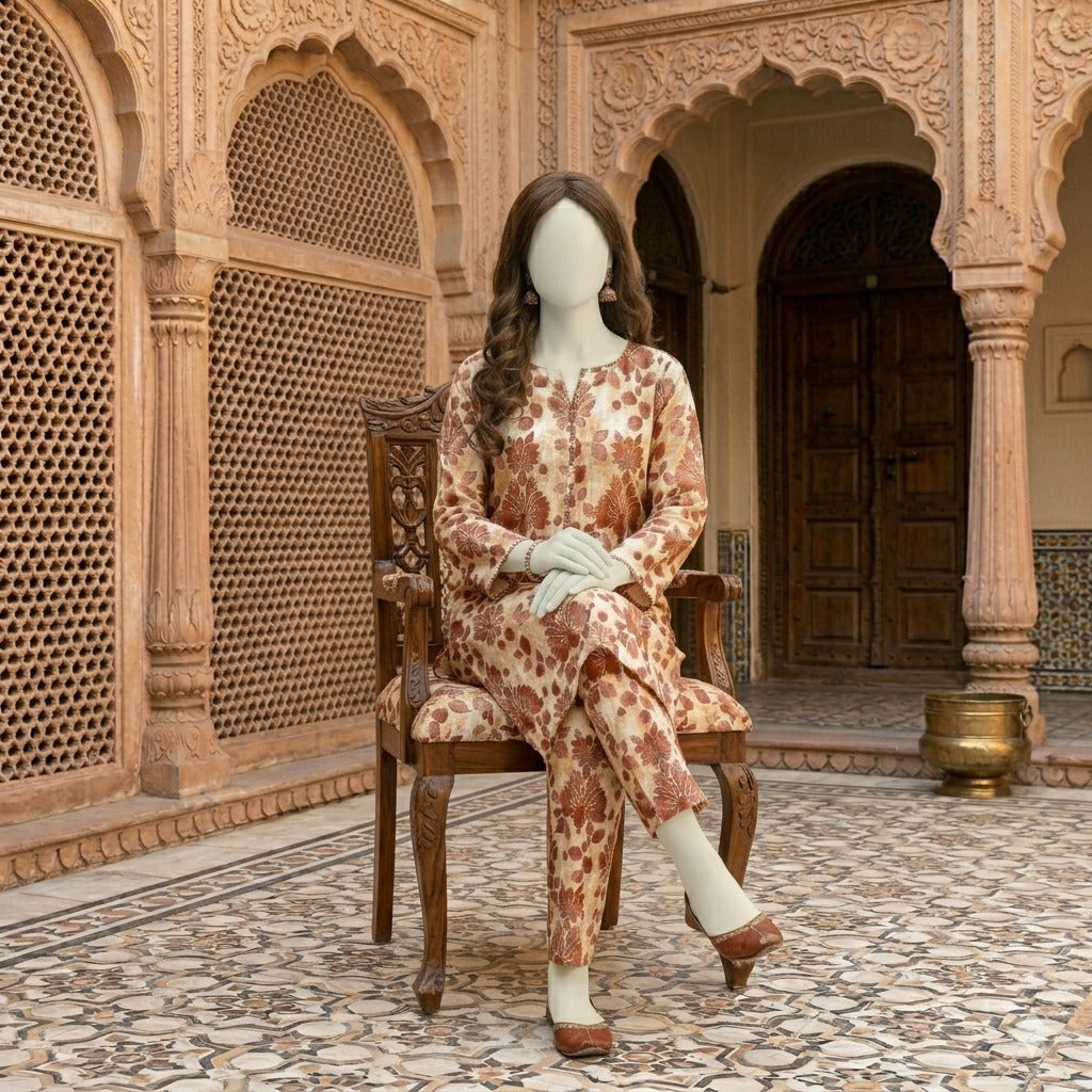 "Mannequin seated in brown printed cotton silk 2-piece suit"