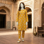 "Full mannequin display of yellow cotton silk unstitched suit"