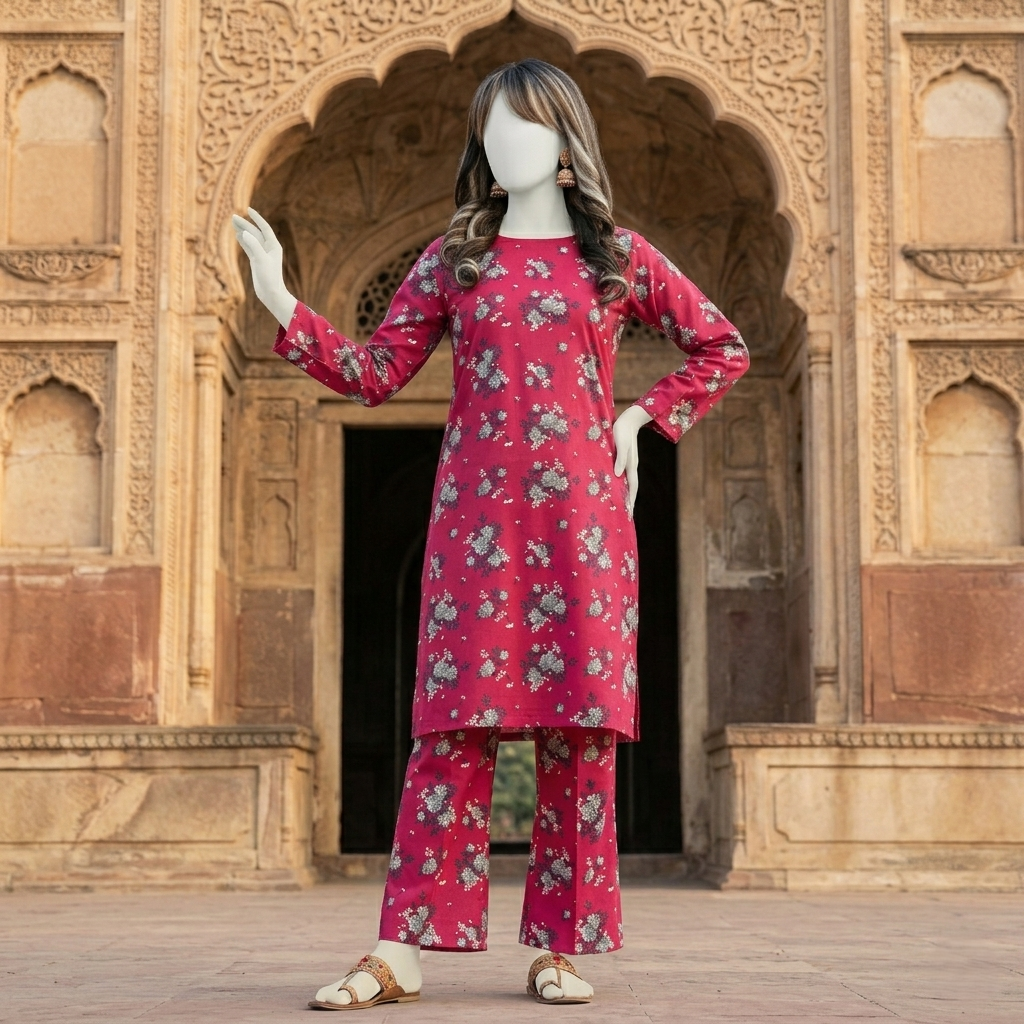 "Woman wearing a premium cotton-silk floral unstitched 2-piece suit from ZH2 Store."