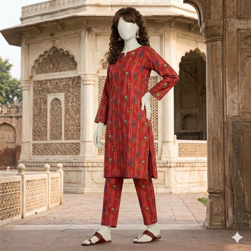 "Woman wearing premium cotton-silk unstitched 2-piece suit in from ZH2 Store"