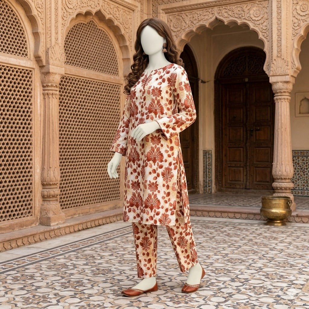 "Full front view of brown 2-piece unstitched suit fabric"