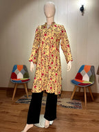Vibrant Yellow & Red Floral Printed Cotton Frock Style Kurti | Pleated A-Line Tunic (LFS-3007)