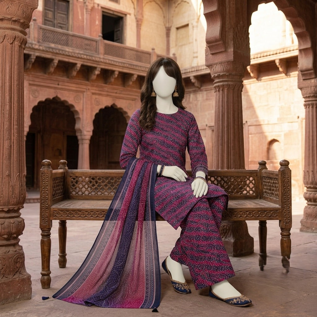 A mannequin seated, presenting the detailed design of the dark-toned traditional lawn suit.