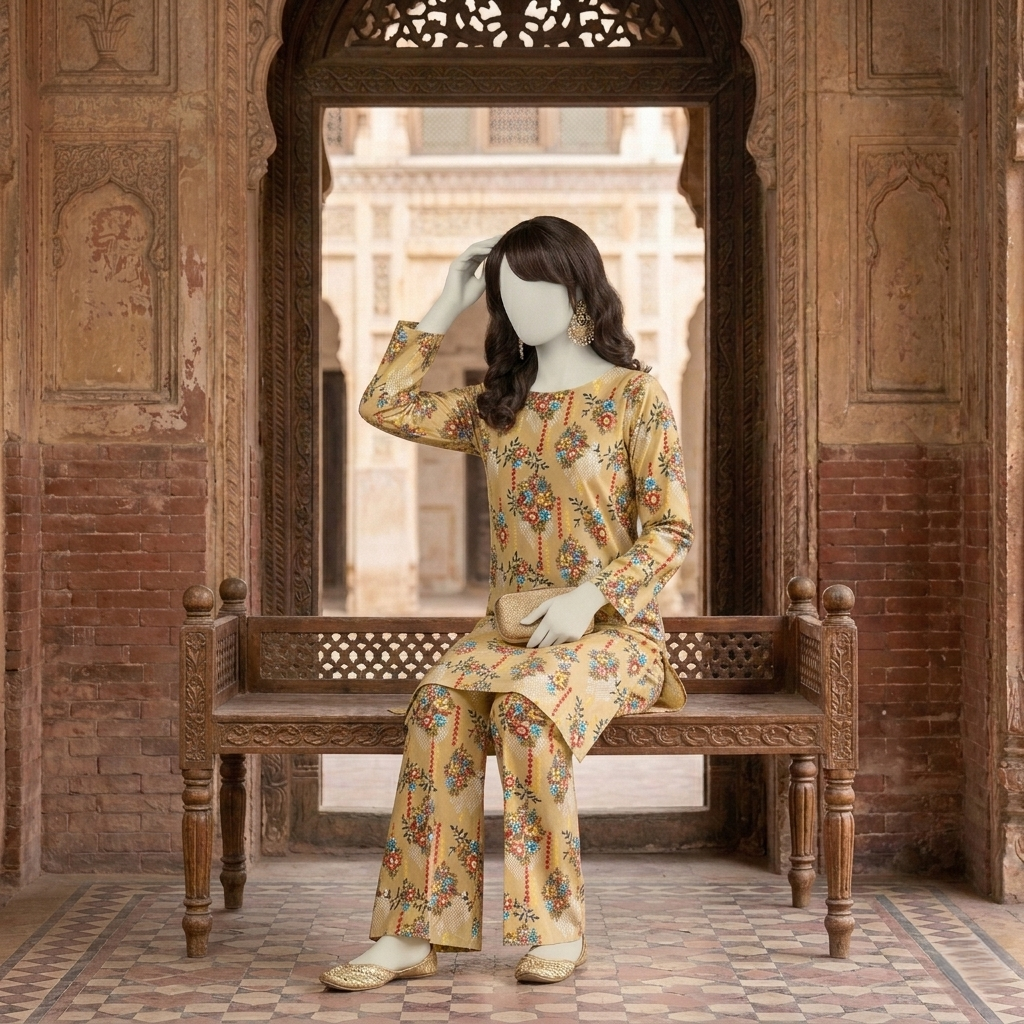 "Woman wearing premium cotton-silk unstitched 2-piece suit in Vintage yellow print from ZH2 Store"