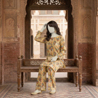 "Woman wearing premium cotton-silk unstitched 2-piece suit in Vintage yellow print from ZH2 Store"