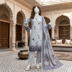 ZH2 Store 3-piece unstitched printed lawn suit with floral patterns on a mannequin.