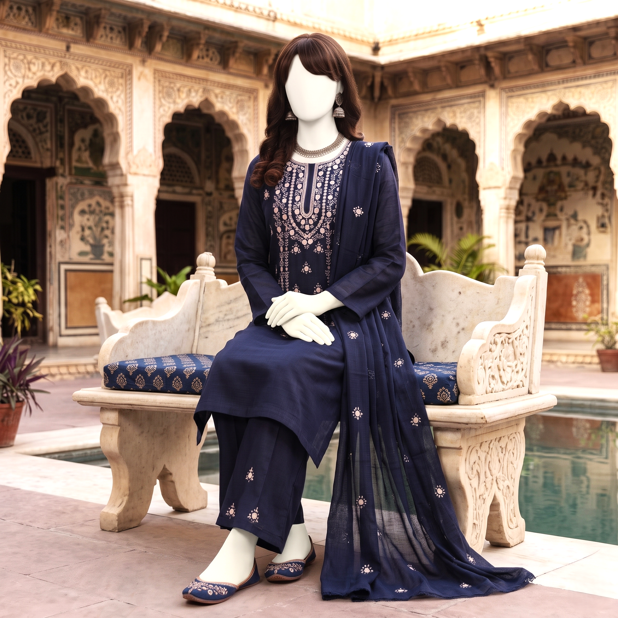 Elegant 3-piece unstitched lawn suit with colorful intricate embroidery on the shirt and trousers, paired with a matching embroidered dupatta, displayed on a mannequin.