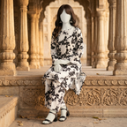 Close up view of breathable printed cotton silk shirt and trouser fabric in black floral pattern - zh2 store