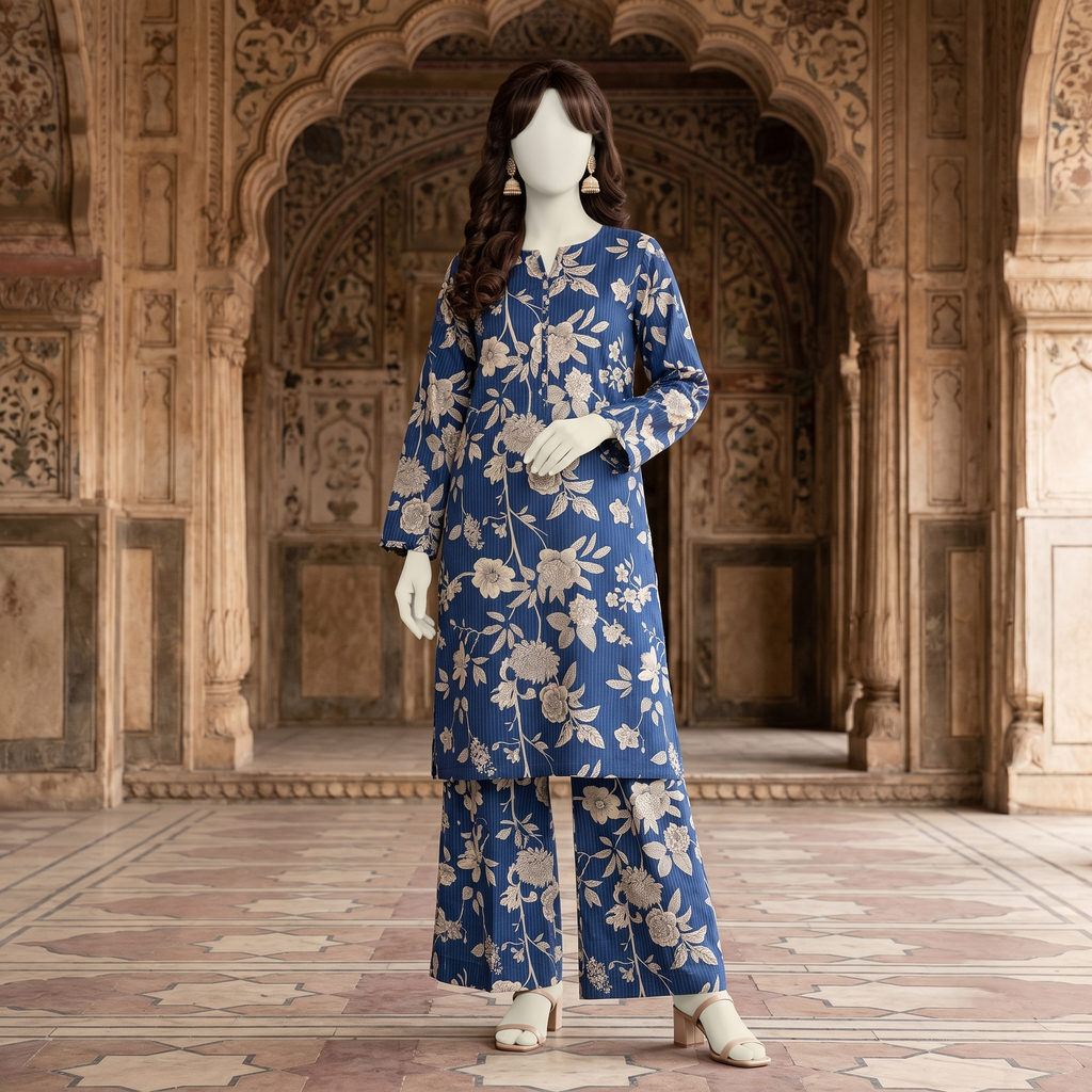 Close-up of premium cotton silk fabric texture and print details, unstitched suit material.