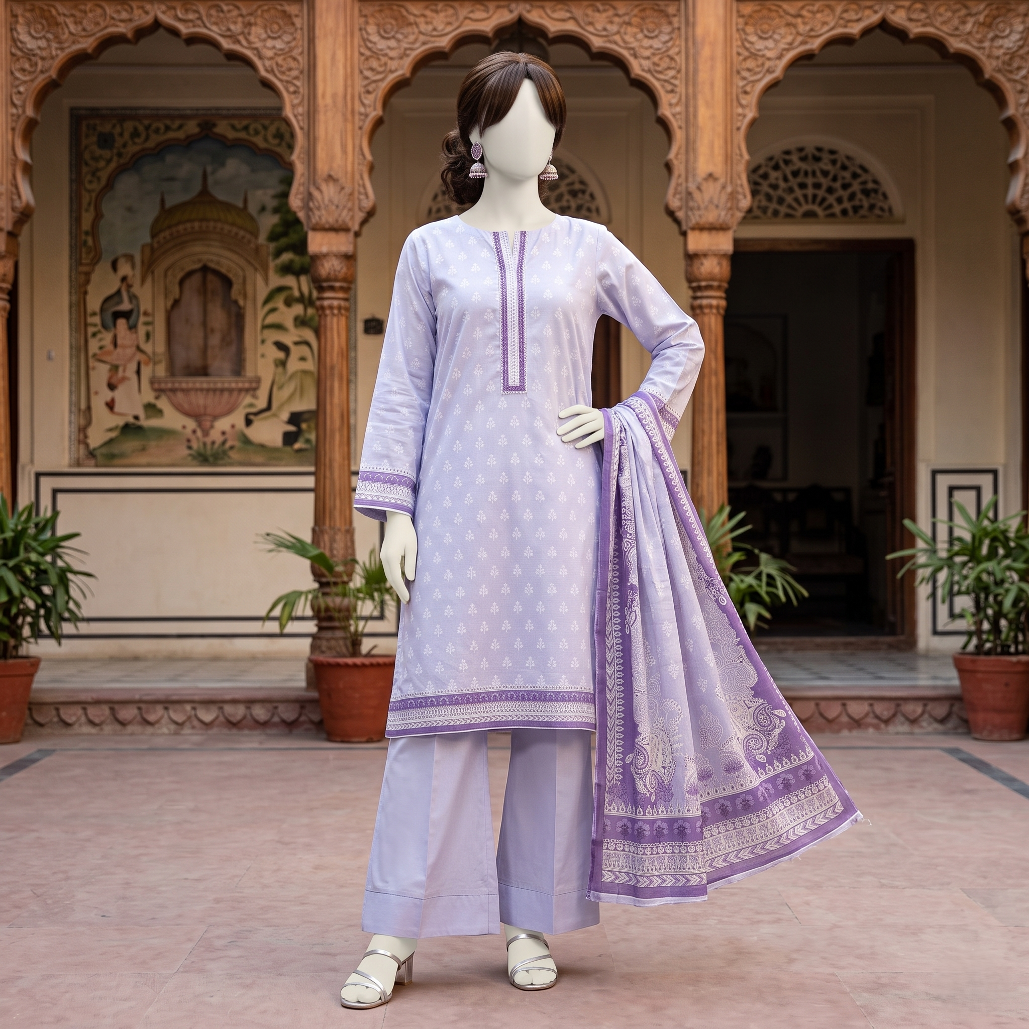 A mannequin dressed in a purple 3-piece unstitched lawn suit featuring a delicate print, matching trousers, and a dupatta, displayed in a professional studio setting.