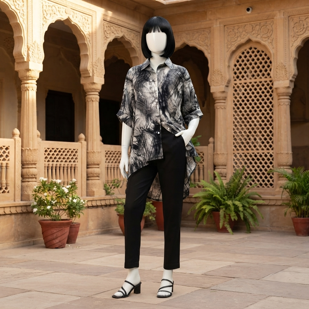 Trendy black and white abstract print baggy shirt, worn by a mannequin in a bright outdoor environment.