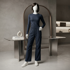 Model wearing aesthetic cargo pants with side pockets, studio setting.