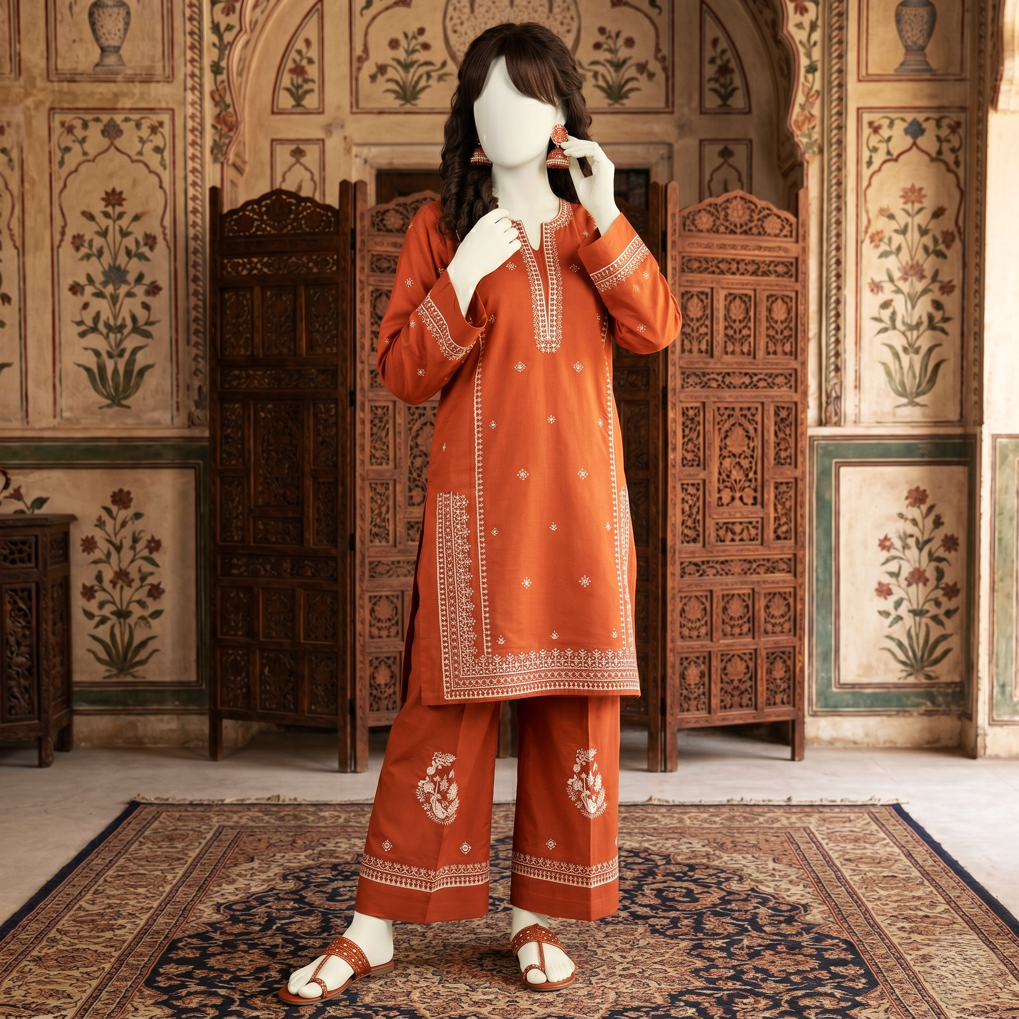 Premium 2-piece printed unstitched lawn suit collection by ZH2 Store, featuring a 2.2-meter shirt and 2.2-meter trouser fabric with intricate floral and ethnic designs displayed on a mannequin.