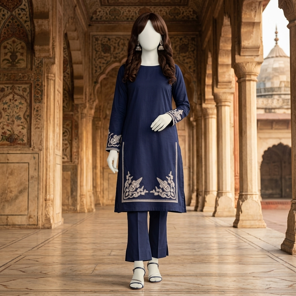 Premium 2-piece embroidered unstitched lawn suit collection by ZH2 Store, featuring a 1.2-meter embroidered shirt and 2.2-meter trouser fabric with intricate ethnic designs displayed on a mannequin.