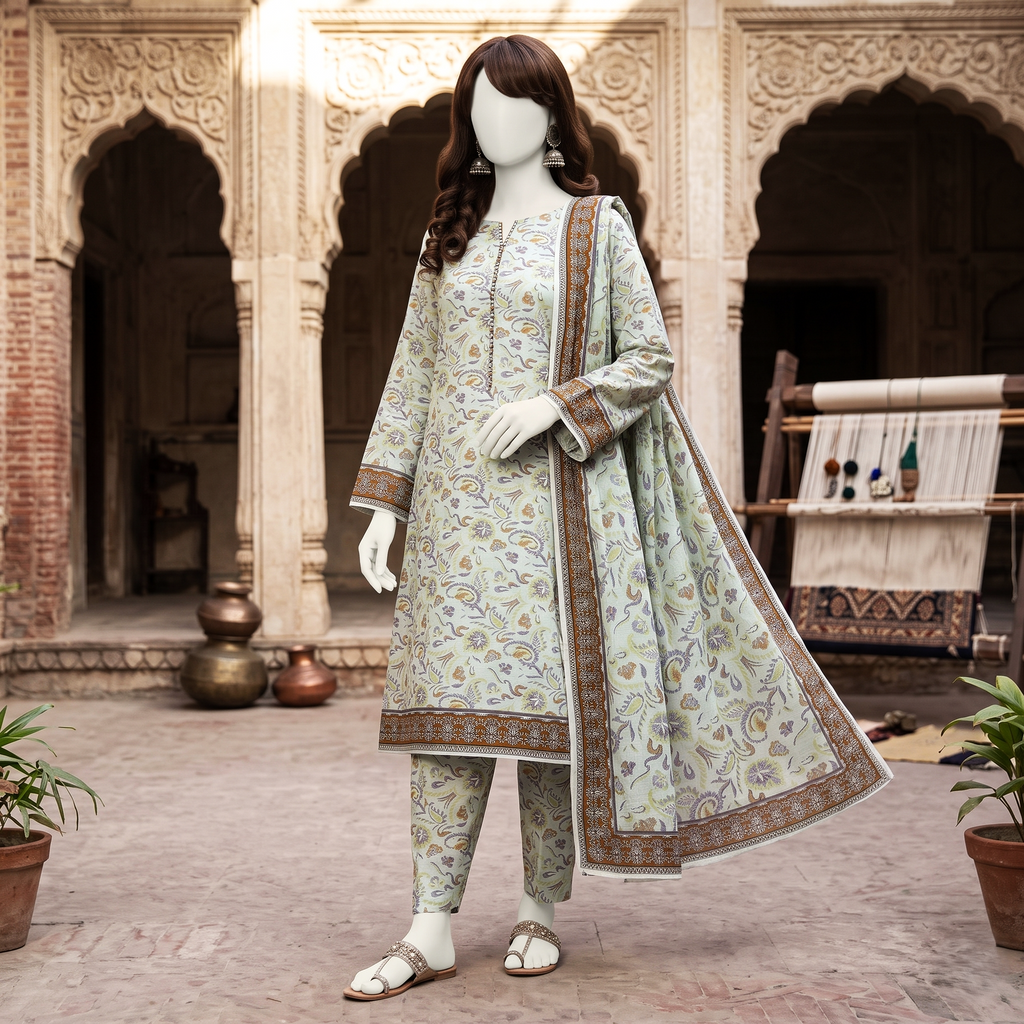 Front view display of a light mint green paisley printed 3-piece unstitched lawn suit by ZH2 Store.