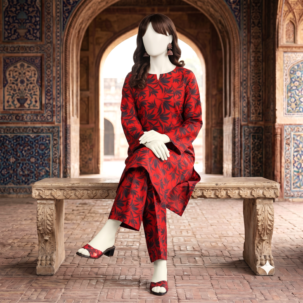Mannequin wearing an elegant 2-piece unstitched cotton-silk suit with intricate print, ZH2 Store.