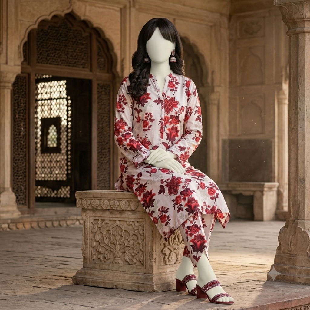 "Woman wearing a premium cotton-silk unstitched 2-piece suit with vibrant floral prints from ZH2 Store."