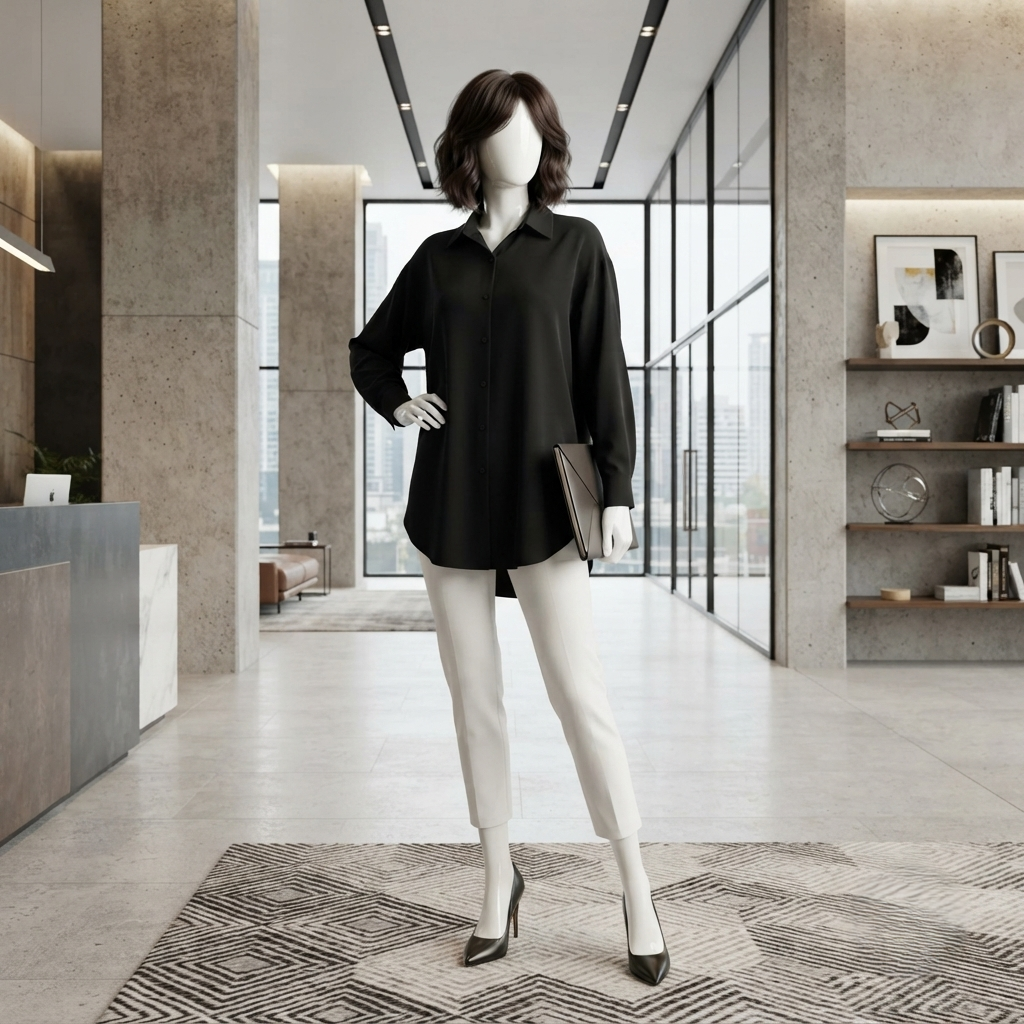 A mannequin wearing a sophisticated black silk formal shirt and white tailored trousers, styled for a professional office environment.
