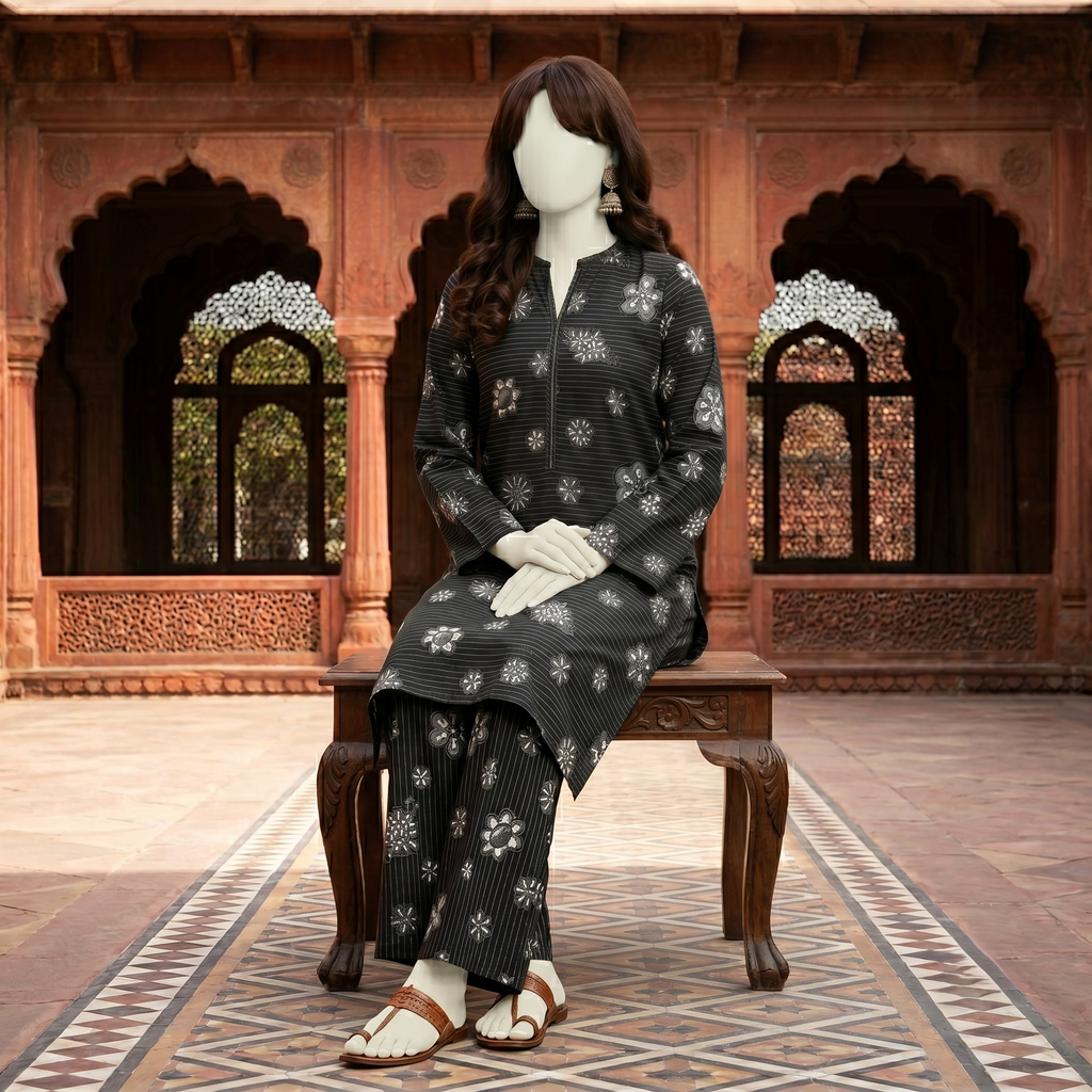 "Black floral printed unstitched 2-piece cotton suit for women by ZH2 Store."