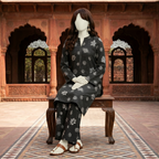 "Black floral printed unstitched 2-piece cotton suit for women by ZH2 Store."