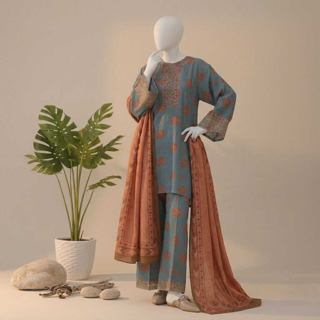 Premium 3-piece embroidered unstitched lawn suit collection by ZH2 Store, featuring a 2.2-meter shirt, 2.4-meter dupatta, and 2.3-meter trouser fabric with intricate floral and ethnic designs displayed on a mannequin.
