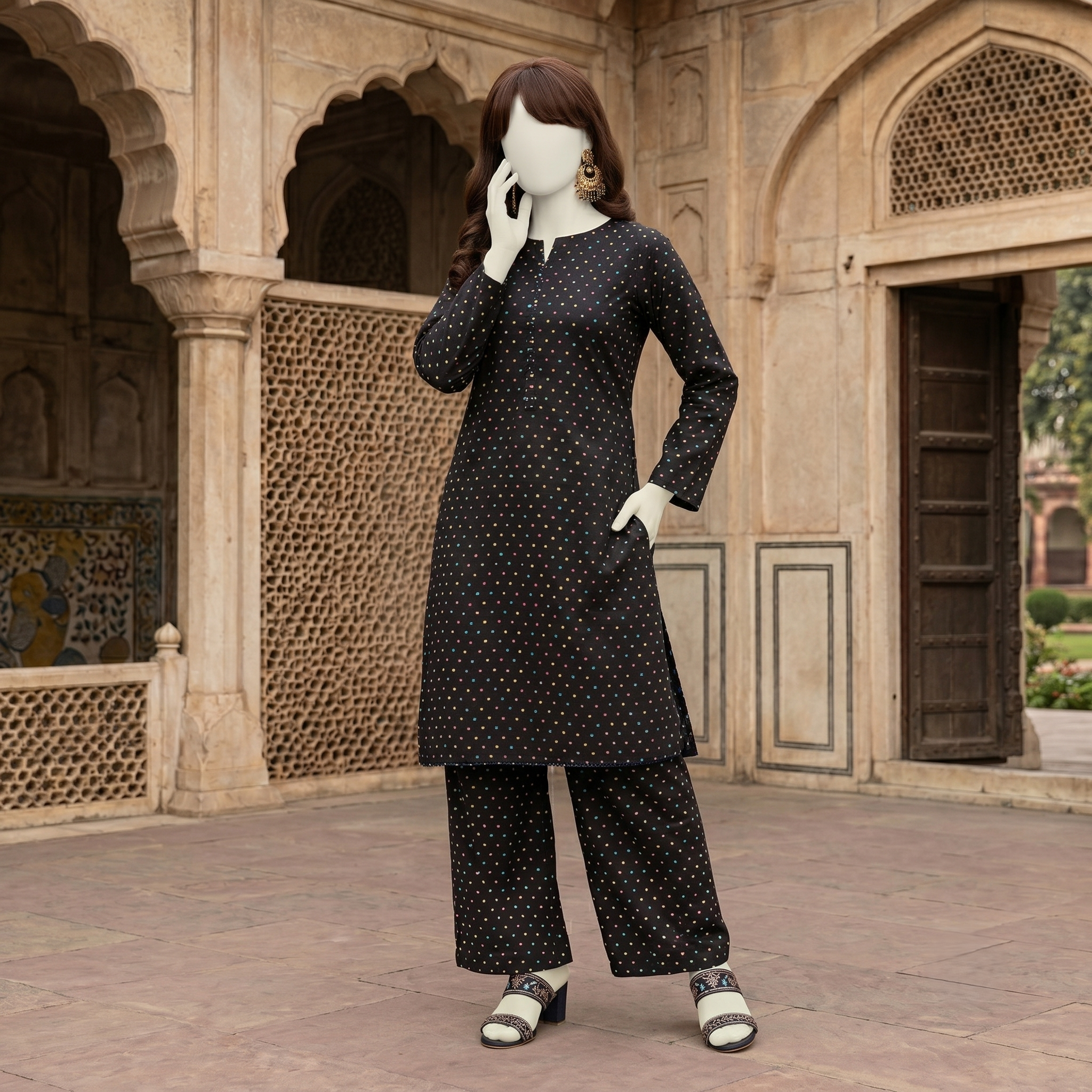 Detailed view of black cotton unstitched suit fabric with colorful dots, ideal for casual and semi-formal wear.