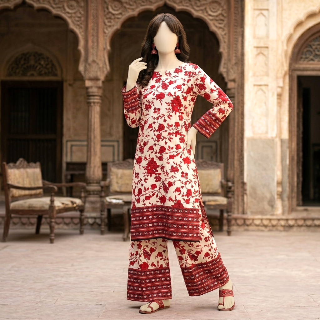 Side view of a mannequin wearing a red floral printed 2-piece unstitched cotton silk suit with traditional chunri border detailing.
