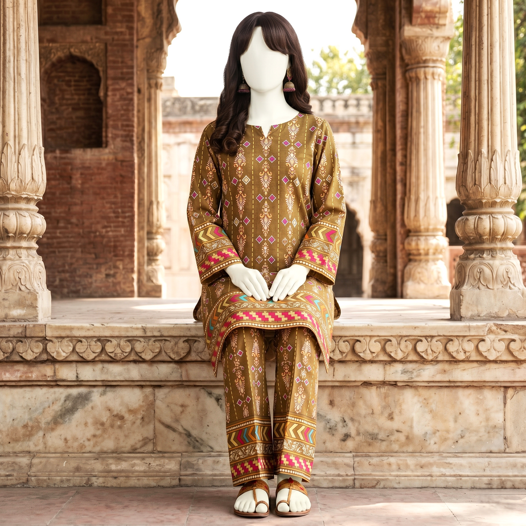 Seated view of olive brown unstitched printed cotton lawn suit on display.