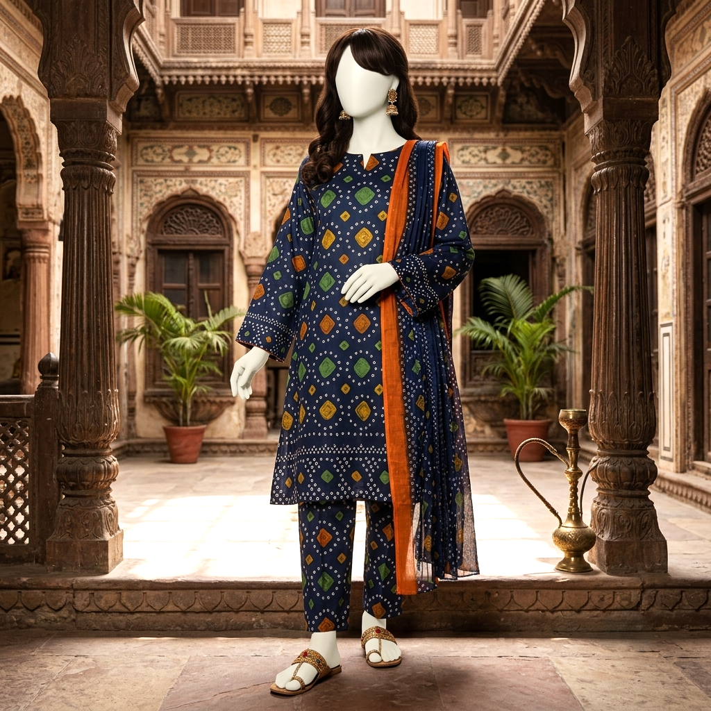 A detailed view of the blue printed lawn ensemble, emphasizing the intricate design and fabric quality.