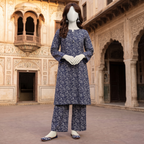 Front view display of a classic blue and white floral printed 3-piece unstitched lawn suit by ZH2 Store.