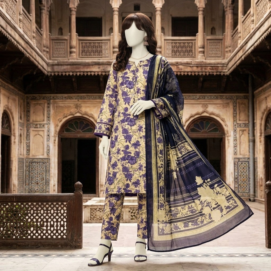 A mannequin showcasing a navy blue and cream floral printed 3-piece unstitched lawn suit.