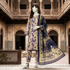 A mannequin showcasing a navy blue and cream floral printed 3-piece unstitched lawn suit.