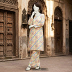 A mannequin wearing a  3-piece unstitched lawn suit.