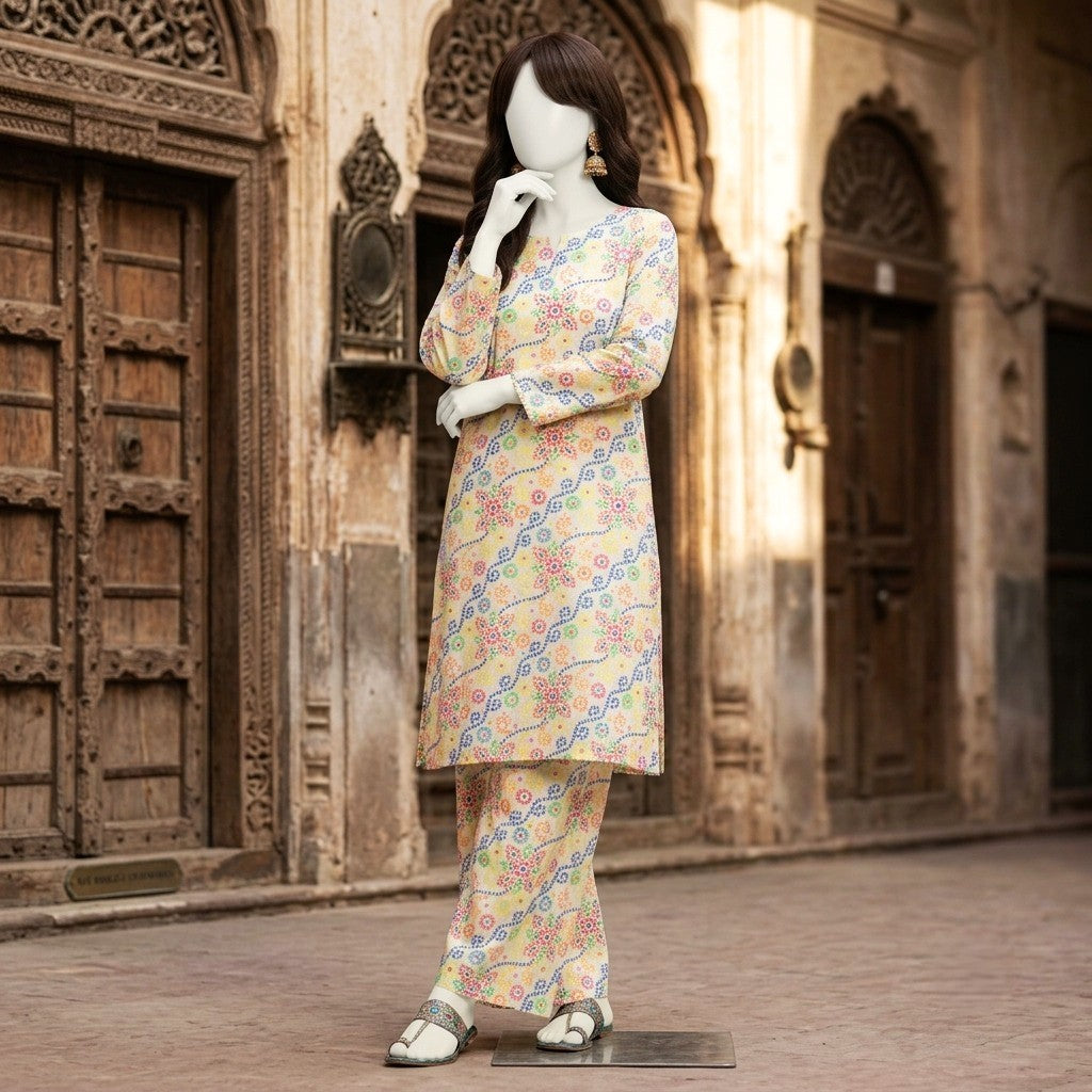 A mannequin wearing a  3-piece unstitched lawn suit.