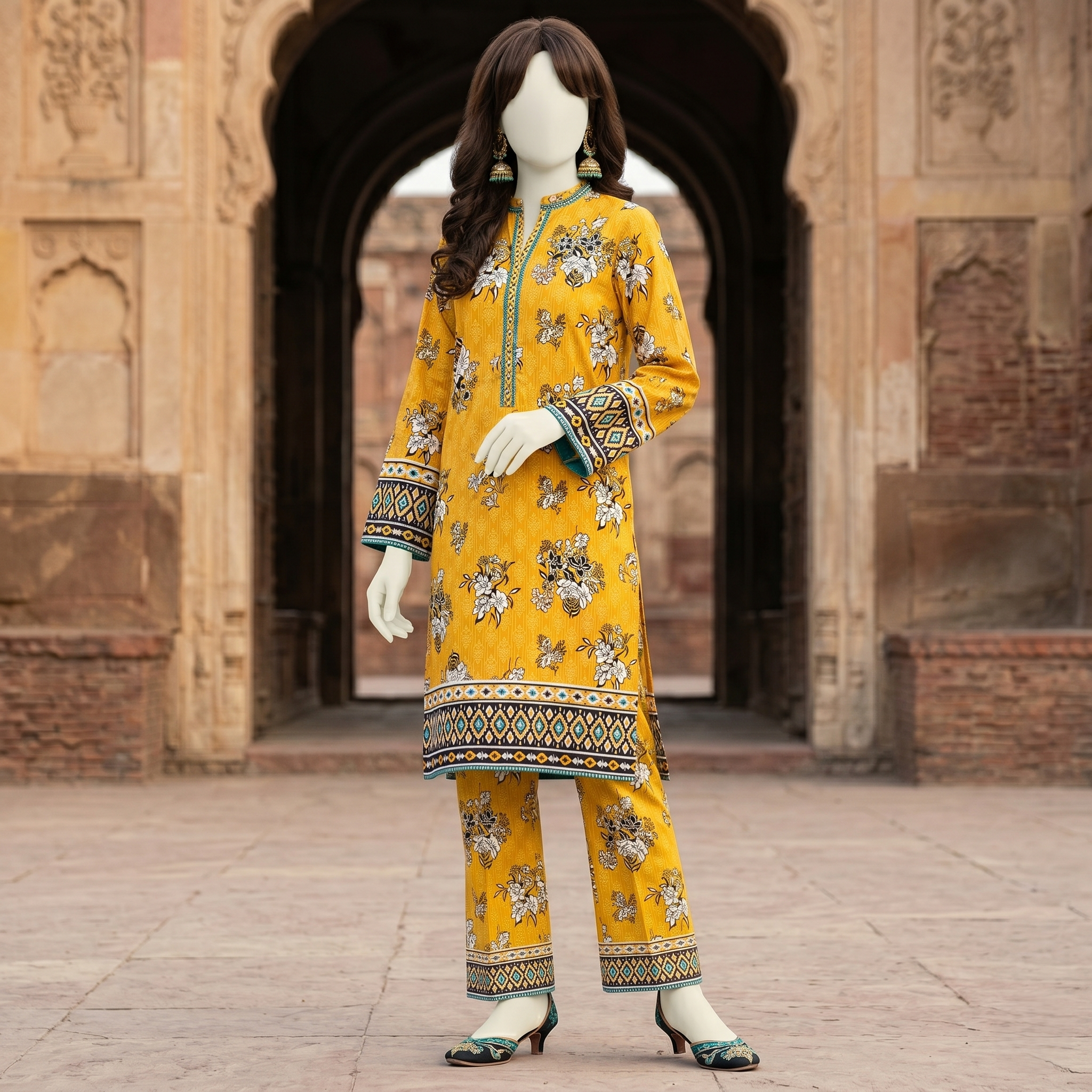 Yellow floral printed 2-piece unstitched cotton lawn suit by ZH2 Store.